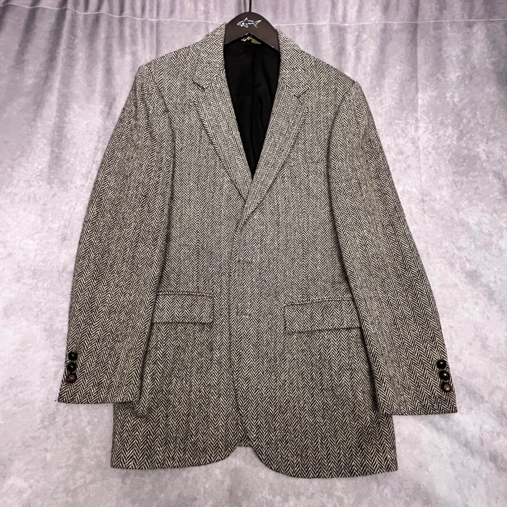 Harris Tweed Blazer Mens L Grey Excellent Herringbone Wool Sport Coat USA Made